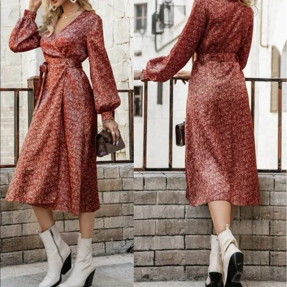 Boho green floral print wide knot wrap dress - Picture 8 of 8